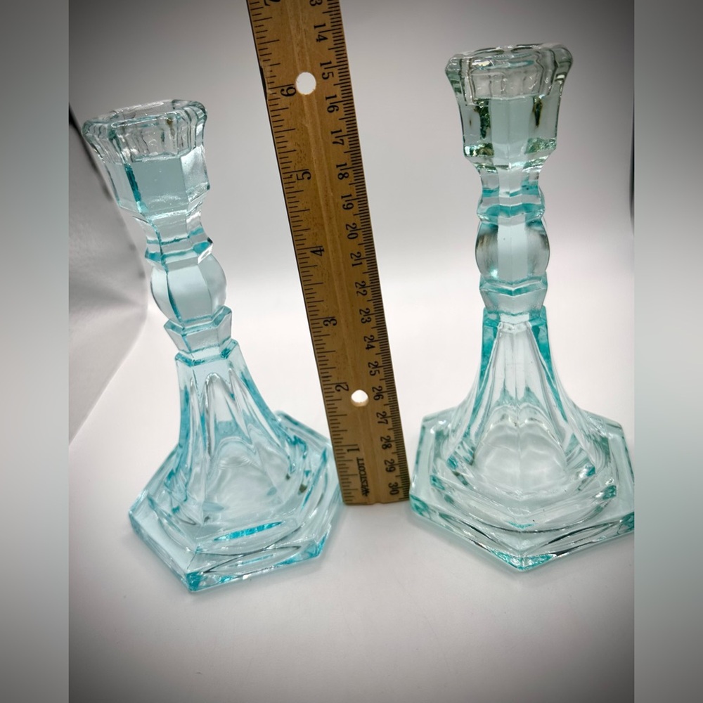 Antique/Vintage Pair Ice Blue Art Deco Glass Candlesticks Holders-Approx 6.5" - Picture 4 of 4